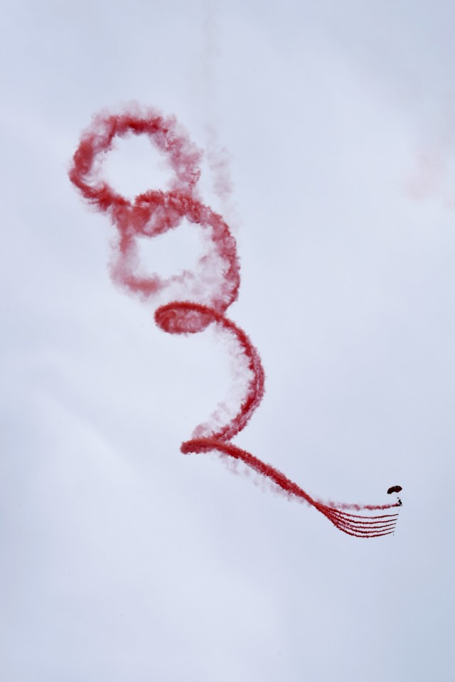A member of the British Army Red Devils Army Display Team conducts an aerial demonstration above Miami Beach, Florida, after parachuting out of a C-17 Globemaster III piloted by the C-17 West Coast Demo Team from Joint Base Lewis-McChord, Washington, May 30, 2021. The air drop and parachuting demonstration was a part of the National Salute to Our Heroes Hyundai Air and Sea Show, which had over 100,000 viewers both days of the show. (U.S. Air Force photo by Senior Airman Mikayla Heineck)