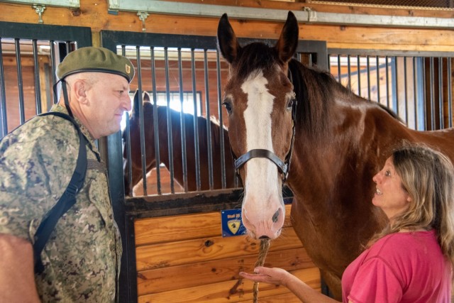 Uruguayan Army Maj. Gen. Hugo Rebollo tours Second Company Connecticut Governor's Horse Guard's facility in Newtown, Conn. on June 15, 2021. The visit was part of a bilateral State Partnership Program engagement between the Armed Forces of Uruguay and the Connecticut National Guard.