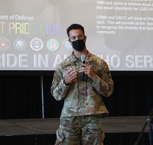 Class of 2023 Cadet Frankie Rivera speaks about the Spectrum club, an LGBTQ-Plus themed cadet club, during the U.S. Military Academy and the U.S. Corps of Cadets LGBT Pride Month observance April 23 at the Riverside Cafe. 