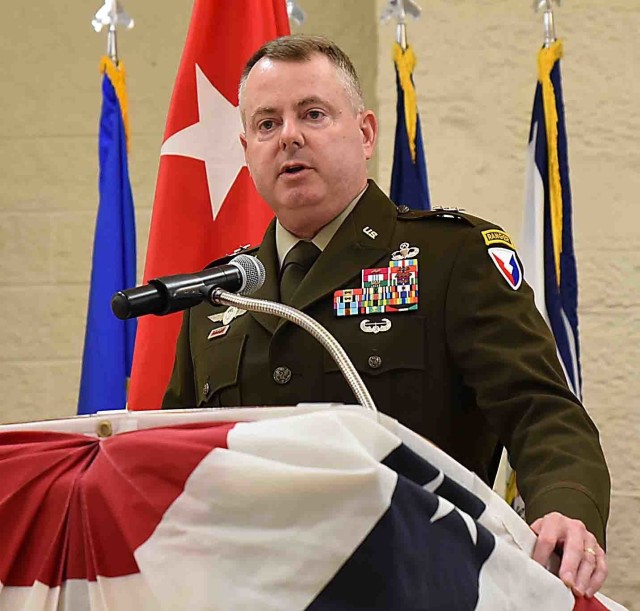 Maj. Gen. Chris Mohan, commanding general, U.S. Army Sustainment Command, and senior mission commander, Rock Island Arsenal, Illinois, gives remarks during the RIA quarterly retirement ceremony June 23. Mohan served as ceremony host that saw three...