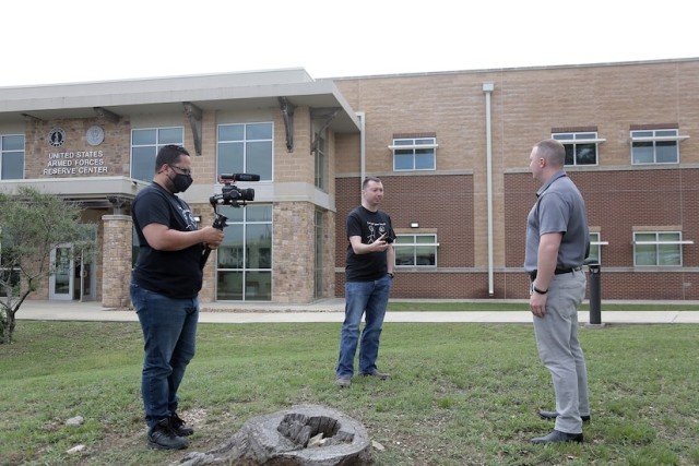 The suicide prevention media team conduct interviews during the Stand For Life training event at Camp Bullis, Texas. SFL is an Army Reserve interactive suicide prevention training program that trains and prepares Soldiers and Army civilians to train and support their local  units and commanders in the event of suicidal ideations or suicide-related events.