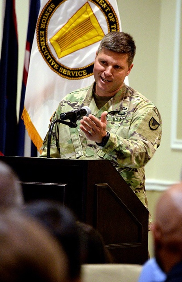 Incoming Garrison Commander Col. John Misenheimer Jr. delivers remarks during his change of command ceremony with outgoing Garrison Commander Col. Harry Hung June 22 at the Frontier Conference Center. Photo by Prudence Siebert/Fort Leavenworth Lamp
