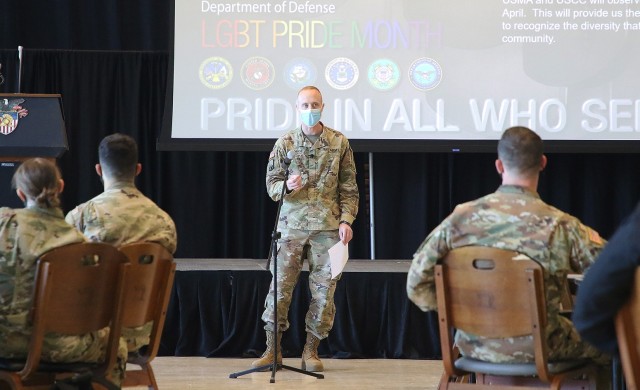 Maj Chad Plenge, the Center for Junior Officers operations officer at West Point and the officer-in-charge of the Spectrum club, asked people to get into the thought process of where West Point and the Army are with dealing with the gay community within its ranks during the Pride Month observance April 23. Plenge wanted to empower people to ask questions and learn a little bit more about the gay community for the future, whether it’s at West Point or in the Army, and help make a difference in someone’s life.
