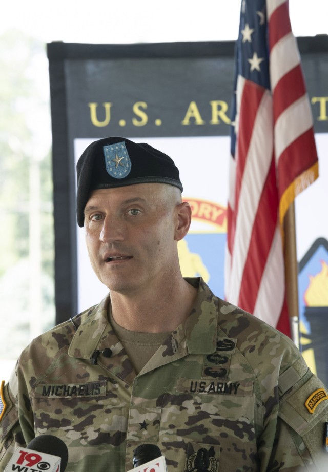 Brig. Gen. Patrick R. Michaelis, Fort Jackson commander, speaks to the media after a change of command ceremony June 18 where he took command of the installation from Brig. Gen. Milford H. Beagle Jr.