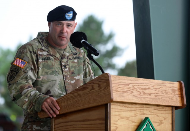 Col. Andrew Kiser, commander of 2nd Stryker Brigade Combat Team, 4th Infantry Division, addresses the Soldiers of 2SBCT, 4th Inf. Div. during a change of command ceremony June 25, 2021 at Fort Carson, Colo. The change of command ceremony is a time-honored tradition in which the outgoing commander formally transfers their authority to the incoming commander. (U.S. Army photo by Sgt. Gabrielle Pena)