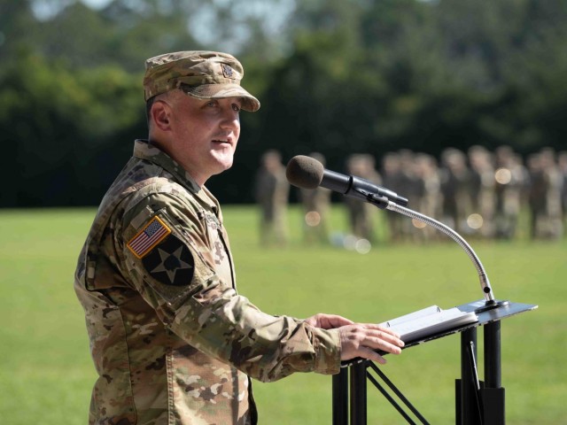 Lt. Col. Daniel G. Hodermarsky, the newly christened commander of the 3rd Battalion, 67th Armored Regiment, 2nd Armored Brigade Combat Team, gives remarks during the change of command ceremony on Cottrell Field at Fort Stewart, Georgia, June 16, 2021. (U.S Army Photo by Spc. Devron Bost)