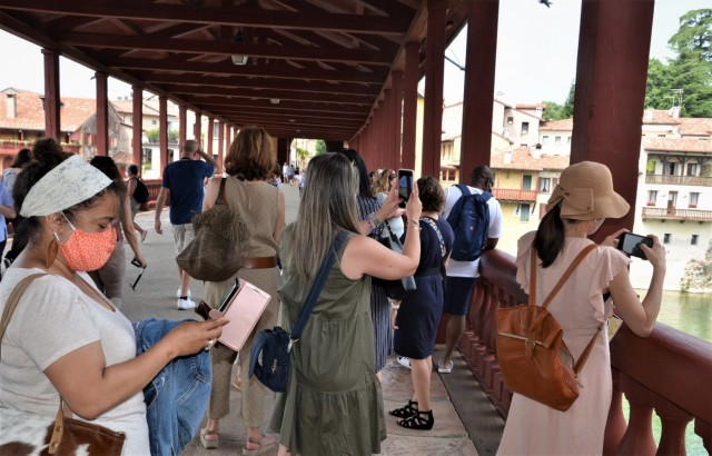 VICENZA, Italy - "Benvenuti" class participants stop and take pictures at the Ponte Vecchio, the renowned wooden bridge in Bassano del Grappa during their day trip June 18, 2021. Benvenuti is a three-day Army Community Service cultural integration class designed to welcome new arrivals to learn about the Italian culture, customs and the area’s rich history.
Bassano was the first location after months of virtual sessions due to COVID-19.