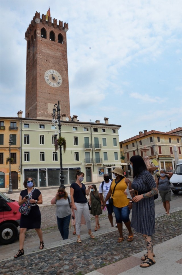 VICENZA, Italy - American newcomers get a taste of Bassano del Grappa learning about monuments in Piazza Garibaldi, one of its squares during “Benvenuti,” June 18, 2021.
Benvenuti is a three-day Army Community Service cultural integration class, which recently started back up after months of virtual sessions due to COVID-19.
It includes a morning in the classroom learning Italian, followed by a local supermarket visit, a tour of downtown Vicenza, insights on how public transportation works and a day trip to another location.