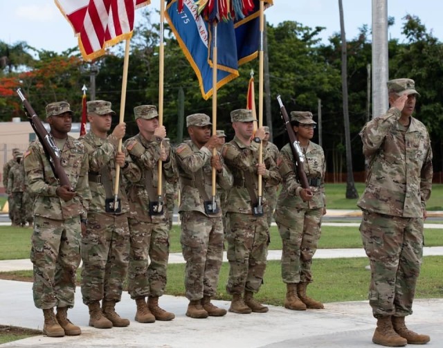 FORT BUCHANAN, P.R.— Sgt. Maj. Julio Linares, the noncommissioned officer in charge, marched the color guard towards the 1st Mission Support Command commanding general at Fort Buchanan, Puerto Rico, June 26, 2021. Soldiers from the 166th Regional Support Group were the color guard for the change of responsibility.