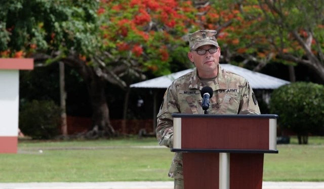 FORT BUCHANAN, P.R.—Command Sgt. Maj. Michael Meunier said his remarks during the change of responsibility at Fort Buchanan, Puerto Rico, June 26, 2021. Meunier expressed his commitment to serve the 1st Mission Support Command.