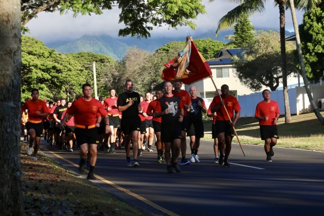 SCHOFIELD BARRACKS, Hawaii – Soldiers from Headquarters and Headquarters Battery, 25th Infantry Division Artillery participate in a Brigade Run to build esprit de corps and team cohesion as part of a four-day series of leader development, team-oriented, and Soldier-development events for the 25th Infantry Division Artillery's “People First Week” from June 21-24, 2021. The week was designed to “certify” leaders in how to care for Soldiers and Families, and advance ongoing initiatives to improve quality of life for the members of the “Tropic Thunder Ohana.” (U.S. Army Photo by 1st Lt. Megan Gephart)
