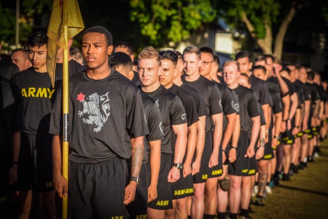 SCHOFIELD BARRACKS, Hawaii – Soldiers from 2nd Battalion, 11th Field Artillery stand together in formation prior to a Brigade Run as part of a four-day series of leader development, team-oriented, and Soldier-development events for the 25th Infantry Division Artillery's “People First Week” from June 21-24, 2021. The week was designed to “certify” leaders in how to care for Soldiers and Families, and advance ongoing initiatives to improve quality of life for the members of the “Tropic Thunder Ohana.” (U.S. Army Photo by Pfc. Ethan Sparks)