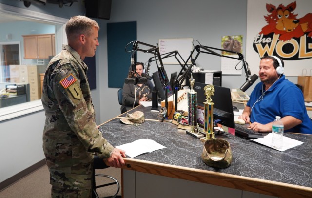 Fort Knox Garrison Commander Col. CJ King bids farewell to WULF 94.3 morning show hosts Eric Cornish and Jodie Thompson and their listeners during the weekly Fort Knox update on June 24, 2021.