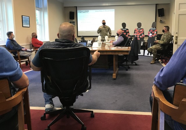 Col. CJ King speaks to members of U.S. Army Garrison, Fort Knox, May 14, 2021, about his personal experiences with sexual assault during a Sexual Harassment Assault Response Prevention training session at the Garrison Headquarters conference room.