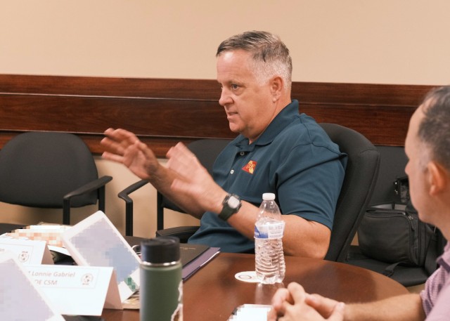 Gene Sullivan, Deputy Chief of Operations, 597th Transportation Brigade, conducts a briefing on the topic of brigade operations to battalion commanders at Joint Base Langley-Eustis, Va. June 22.