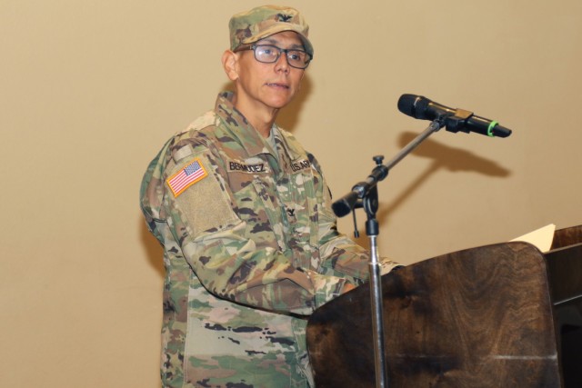 Col. Elliott Bermudez, the outgoing commander for Fort Irwin Dental Clinic Command, addresses the audience June 24 during a change of command ceremony at Sandy Basin Community Center on Fort Irwin, Calif. Bermudez served as the commander of Fort Irwin Dental Clinic Command from 2018 to 2021. (Photo by Kimberly Hackbarth/ WACH Public Affairs Office) (Photo by Kimberly Hackbarth/ Weed ACH Public Affairs)