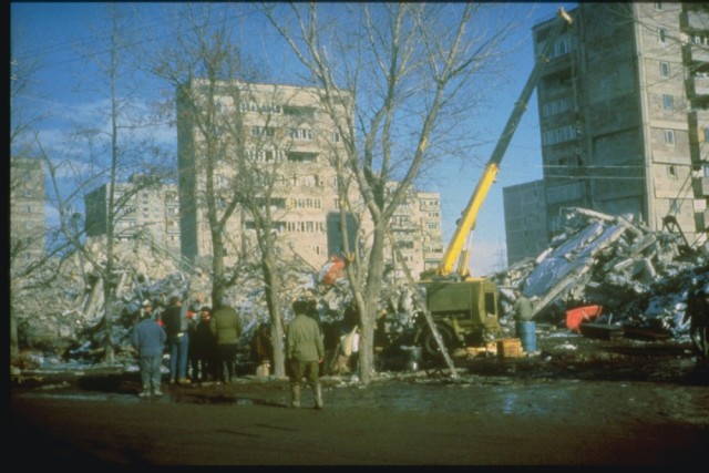 Collapsed buildings and debris-clogged roadways that all required intense search and rescue operations are visible here in Gyumri, Armenia, then called Leninakan, following a devastating magnitude-6.8 earthquake that hit the region in December 1988. The region remains prone to the impacts of seismic activity and the U.S. Army Corps of Engineers, Europe District -- in support of the U.S. European Command and in close coordination with the U.S. Embassy in Armenia – is managing three fire and rescue station projects in the region to improve both day-to-day and large-scale emergency response capabilities, including search and rescue operations. (U.S. Geological Survey photo by C.J. Langer)