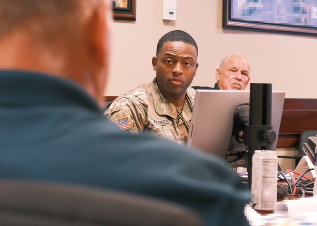 Sgt. Maj. Deanton Stokes, 841st Transportation Bn., actively participates in a leader orientation briefing by asking questions at the 597th Transportation Bde. headquarters at Joint Base Langley-Eustis, Va. June 22.
