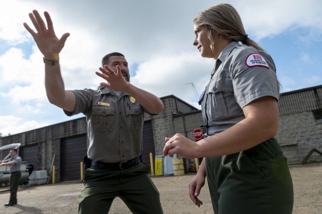 Vincent Klinkner instructs Paige Lupyan, park rangers for the U.S. Army Corps of Engineers Pittsburgh District, on self-defense tactics at Crooked Creek Lake in Ford City, Pennsylvania, June 15, 2021, as part of a five-day Visitor Assistance...