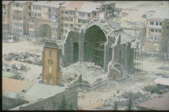 Damage is visible at the Church of the Holy Saviour of All in Gyumri, Armenia, then called Leninakan, following a devastating magnitude-6.8 earthquake that hit the region in December 1988. The region remains prone to the impacts seismic activity and the U.S. Army Corps of Engineers, Europe District -- in support of the U.S. European Command and in close coordination with the U.S. Embassy in Armenia – is managing three fire and rescue station projects in the region to improve both day-to-day and large-scale emergency response capabilities. (U.S. Geological Survey photo by C.J. Langer)