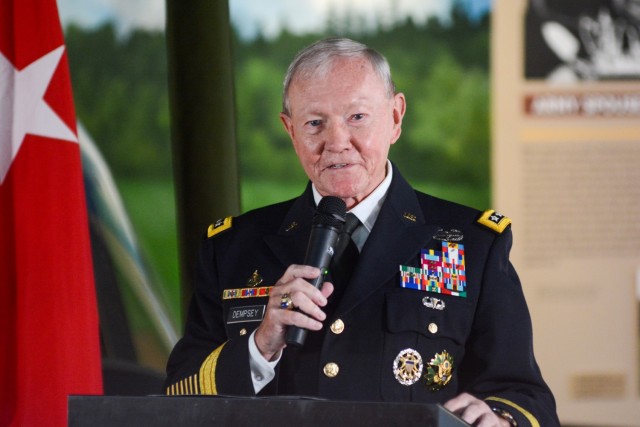 Retired Gen. Martin E. Dempsey, former Chairman of the Joints Chiefs of Staff, speaks at a promotion ceremony June 21 for then-Col. Michelle K. Donahue, 56th Quartermaster General, at the Army Women’s Museum at Fort Lee. Dempsey presided over his third consecutive promotion ceremony for Donahue. She was a special assistant to the general both when he served as the 37th Chief of Staff of the Army and his subsequent position as the JCS chairman.