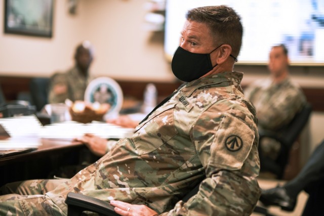 Lt. Col. Tyler Olsen, commander, 842nd Transportation Bn. participates in a leader orientation briefing at the 597th Transportation Brigade headquarters at Joint Base Langley-Eustis, Va. June 22.