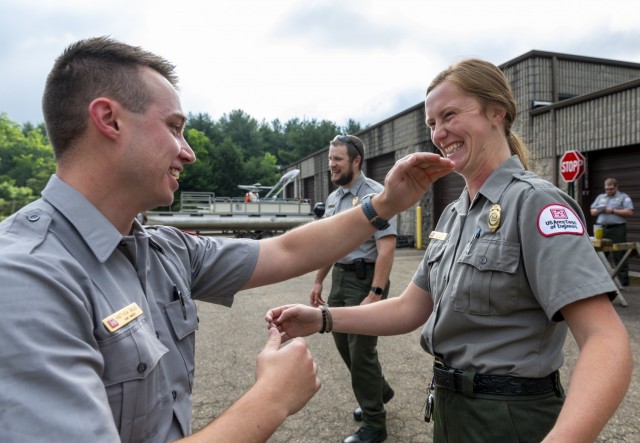 Matthew Balas and Nicole Govan, park rangers for the U.S. Army Corps of Engineers Pittsburgh District, share a laugh during self-defense training at Crooked Creek Lake in Ford City, Pennsylvania, June 15, 2021, as part of a five-day Visitor...