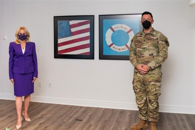 Specialist Alekzandr Cattanach met with first lady Dr. Jill Biden to discuss the benefits of Military OneSource - a Department of Defense-funded program that is both a call center and a website providing comprehensive information, resources, and...