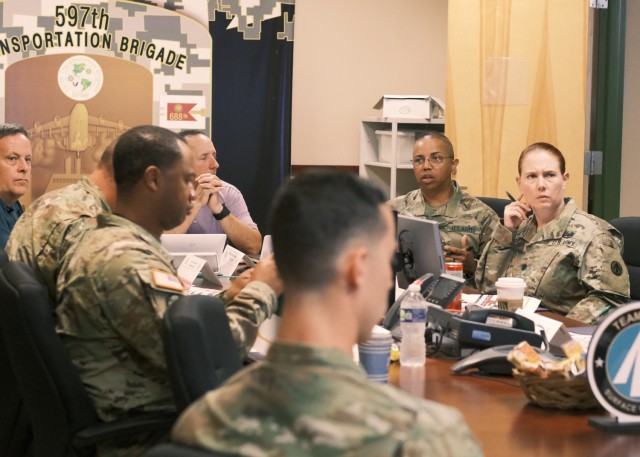 Brigade operations staff assigned to the Operations Section at the 597th Transportation Brigade provide guidance and share their knowledge and experience of brigade operations with incoming battalion command teams during a leader orientation at Joint Base Langley-Eustis, Va. June 22.
