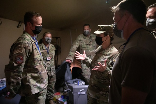 U.S. Army Brig. Gen. Brig. Gen. Charlene Dalto, Commander of the Utah Army National Guard Land Component Command, talks with a member of the Royal Moroccan Armed Forces during a key leader engagement as part of African Lion 2021 June 16, 2021, at...