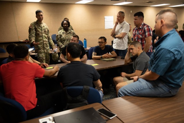 U.S. Army Soldiers from the 1st Cavalry Division, and 29th Infantry Division talk out situations as part of the new Supporting Warrior Action Team, SWAT, Training at the People First Center building at Fort Hood on June 25, 2021. SWAT is a program that teaches junior enlisted how to spot predatory behavior amongst their ranks, including sexual harrasment, sexual assault, equal opportunity, and suicide. (U.S. Army photo by Sgt. Brian D. Jones)