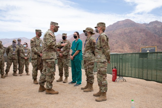 U.S. Army Maj. Gen. Michael Turley, Adjutant General Utah National Guard, thanks Airmen working at Military Medical Surgical Field Hospital in Tafraoute, Morocco. African Lion 2021 is U.S. Africa Command's largest, premier, joint, annual exercise...