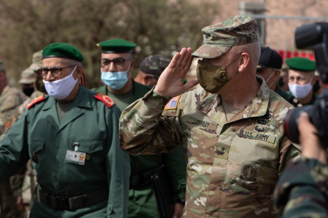 U.S. Army Maj. Gen. Michael Turley, adjutant general, Utah National Guard, salutes U.S. and Moroccan Armed Forces members during a key leader engagement as part of African Lion 2021 June 16, 2021, at the Military Medical Surgical Field Hospital in...