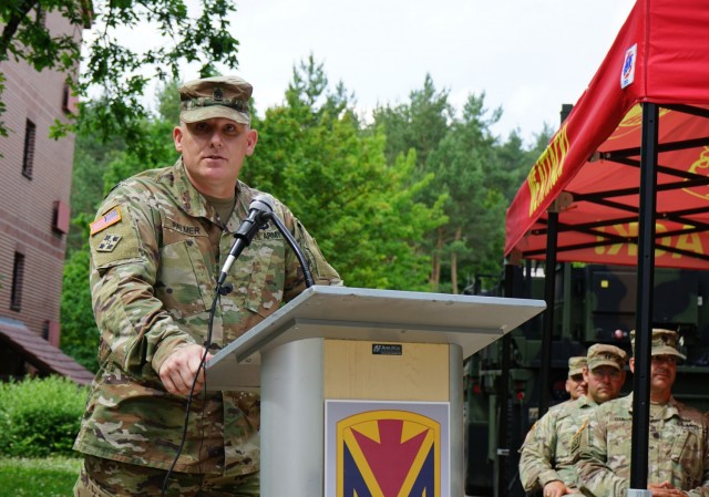 Command Sgt. Maj. George A. Palmer speaks during the 5th Battalion 4th Air Defense Artillery Regiment change of responsibility ceremony June 23, 2021 at Shipton Barracks. Palmer relinquished responsibilities of the regiment to Command Sgt. Maj. Charles L. Robinson III. George A. Palmer is retiring from the Army after 25 years of service.