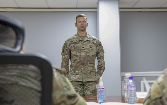 U.S. Army Spc. Omar H. Dacosta, an infantryman with Company A., 3rd Battalion, 172nd Infantry Regiment (Mountain), Task Force Spartan, stands at attention during the board event as part of the U.S. Army Central 2021 Best Warrior Competition, Camp...