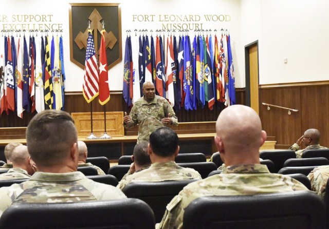 Lt. Gen. Leslie Smith, Army Inspector General, speaks with Fort Leonard Wood senior leaders during a professional development event June 24 at Lincoln Hall Auditorium. Smith visited the installation last week to host listening sessions and professional development events, and visit with key garrison and Maneuver Support Center of Excellence leaders.