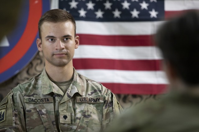 U.S. Army Spc. Omar Dacosta, an infantryman with Company A, 3rd Battalion, 172nd Infantry Regiment (Mountain), Task Force Spartan, answers questions during a mock media engagement as part of the U.S. Army Central 2021 Best Warrior Competition at...