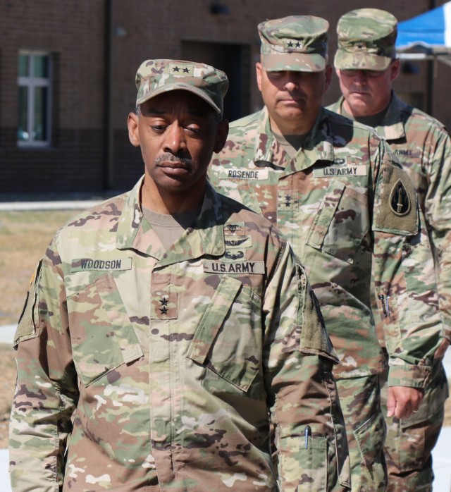 Left to right, Maj. Gen. Jonathan Woodson, commanding general, Army Reserve Medical Command, Maj. Gen. Alberto Rosende, commanding general, 63rd Readiness Division Brig. Gen. Joseph Marsiglia, commanding general, Army Reserve Medical Readiness and Training Command march during the Spc. Jameson L. Lindskog U.S. Army Reserve Center memorialization ceremony June 29, 2021 at Parks Reserve Forces Training Area in Dublin, Calif. Lindskog, a resident of Pleasanton, Calif., was killed in action March 29, 2011 while serving as a combat medic with the 2nd Battalion, 327th Infantry Regiment, 1st Brigade Combat Team, 101st Airborne Division in Afghanistan. He posthumously received the Silver Star for his heroic actions that day.
(Photo by Sgt. 1st Class Matthew Chlosta)