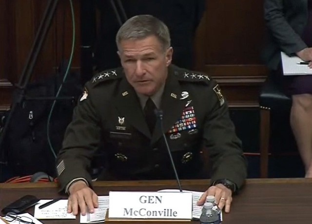 Army Chief of Staff Gen. James C. McConville testifies before the House Armed Services Committee about the Army&#39;s fiscal year 2022 budget proposal in Washington, D.C., June 29, 2021.