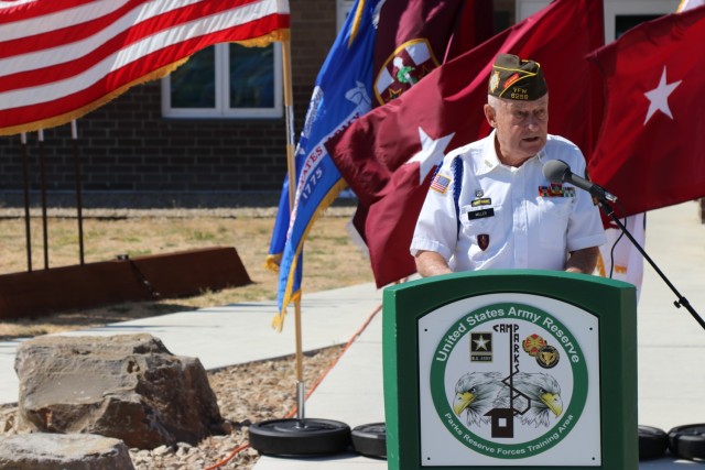 Mr. Doug Miller, the master of ceremony, speaks during the Spc. Jameson L. Lindskog U.S. Army Reserve Center memorialization ceremony June 29, 2021 at Parks Reserve Forces Training Area in Dublin, Calif. Lindskog, a resident of Pleasanton, Calif., was killed in action March 29, 2011 while serving as a combat medic with the 2nd Battalion, 327th Infantry Regiment, 1st Brigade Combat Team, 101st Airborne Division in Afghanistan. He posthumously received the Silver Star for his heroic actions that day.
(Photo by Sgt. 1st Class Matthew Chlosta)