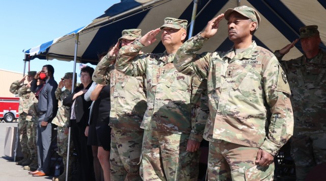 Left to right, Brig. Gen. Joseph Marsiglia, commanding general, Army Reserve Medical Readiness and Training Command, Maj. Gen. Alberto Rosende, commanding general, 63rd Readiness Division and Maj. Gen. Jonathan Woodson, commanding general, Army Reserve Medical Command, salute during the Spc. Jameson L. Lindskog U.S. Army Reserve Center memorialization ceremony held June 29, 2021 at Parks Reserve Forces Training Area in Dublin, Calif. Lindskog, a resident of Pleasanton, Calif., was killed in action March 29, 2011 while serving as a combat medic with the 2nd Battalion, 327th Infantry Regiment, 1st Brigade Combat Team, 101st Airborne Division in Afghanistan. He posthumously received the Silver Star for his heroic actions that day.
(Photo by Sgt. 1st Class Matthew Chlosta)