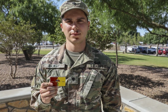 The combat medic is considered to be the backbone of Army medicine.  Soldiers holding the combat medic (68W) military occupation specialty are the first responders to treat service members in combat, with many units often giving their medics the nickname ‘Doc’ to signify the importance of their role in treating those that are wounded. For Spc. Maximilian Raway, a combat medic assigned to the medical platoon, Headquarters and Headquarters Battalion, 4th Battalion, 27th Field Artillery Regiment, 2nd Armored Brigade Combat Team, 1st Armored Division, the distinction applies outside the military as well. Last week in the late evening, Spc. Raway and Sgt. Brittany Lockhart, a radiology specialist with 47th Brigade Support Battalion, 2ABCT, 1AD, were driving down Mesa Hills Rd. on the east side of El Paso when they spotted a one-vehicle accident on the side of the road. Raway and Lockhart were the first to respond to the accident and they immediately pulled over to provide assistance. Raway, 24, and native of San Jose, California received recognition as the 2ABCT ‘Soldier of the Week’ during a commander’s update brief at the 2ABCT foot print on Fort Bliss, June 24, 2021, for actions he and another Soldier took after encountering a vehicle accident. (U.S. Army photo by: Staff Sgt. Michael West)