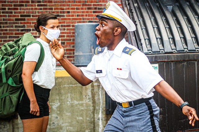 A U.S. Military Academy at West Point junior gives instruction to new cadets during Reception Day Sunday.   (Photo by Class of 2023 Cadet Hannah Lamb)