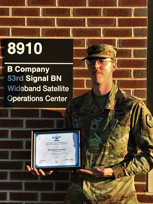 The Armed Forces Communications and Electronics Association recently awarded Sgt. Daniel Cariveau, 53rd Signal Battalion, U.S. Army Satellite Operations (SATOPS) Brigade, the U.S. Army Enlisted Leadership Award for significant contribution to the warfighter through information technology. (Courtesy photo by Sgt. Daniel Cariveau/RELEASED)