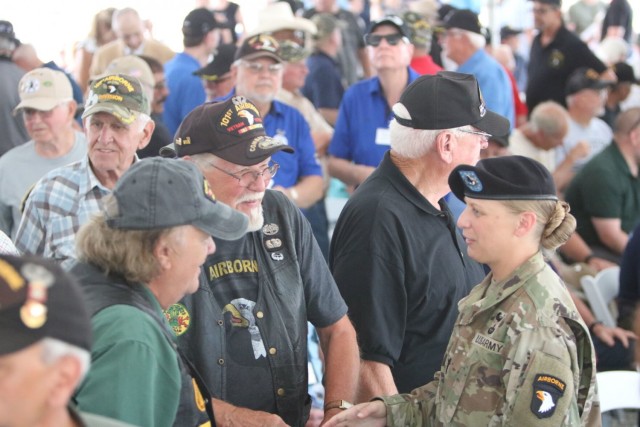 Command Sergeant Major Veronica Knapp, 101st Airborne Division (Air Assault) senior enlisted adviser, meets with Vietnam War and Operation Desert Storm veterans June 25 following an Honorary Air Assault Ceremony hosted at The Sabalauski Air...