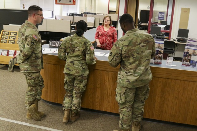 Connie Schauer, education services specialist, 88th Readiness Division, speaks with Army Reserve Soldiers who stopped by the Fort McCoy Education Center June 7, 2021. The 88th RD provides educational information to Soldiers across the 19 state...