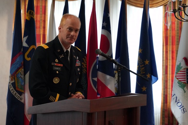 USAG Bavaria Garrison Commander Col. Christopher Danbeck kicked of the first day of naturalization ceremonies at the USAG Bavaria Tower View Conference Center, June 30, 2021. (U.S. Army photo by Andreas Kreuzer / USAG Bavaria)