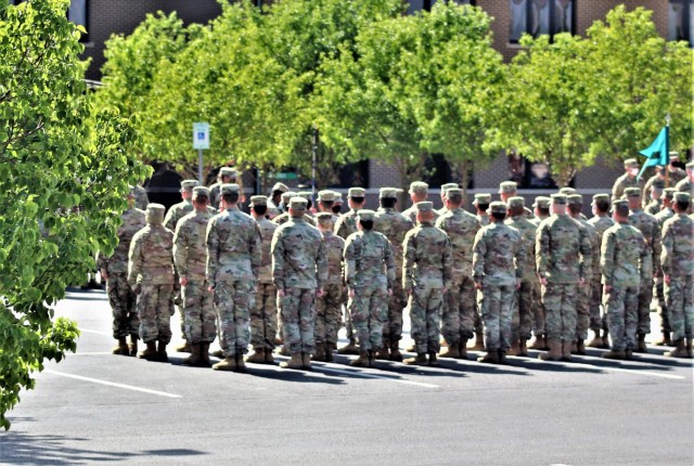 Students with Basic Leader Course 005-21 hold a formation during class operations June 15, 2021, at Fort McCoy, Wis. The NCO Academy was activated at Fort McCoy in 1988. The academy is one of the largest tenant organizations at the installation...