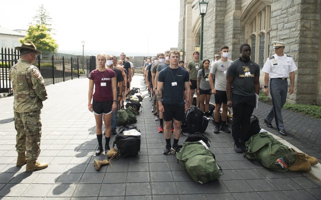 Under the watchful eye of Class of 2023 Cadet Christian Hunt (far right) and a drill sergeant from 2-19th Infantry Battalion, 198th Infantry Training Brigade One Station Unit Training from Fort Benning, Ga., approximately 400 new cadets reported...