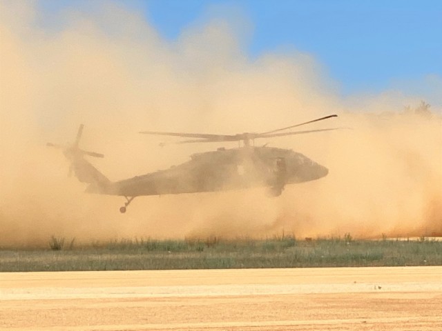 A National Guard UH-60 Black Hawk lands at Young Air Assault Strip on June 16, 2021, during operations for the Patriot ’21 exercise at Fort McCoy, Wis. Patriot ‘21 was a joint, interagency exercise sponsored by the National Guard Bureau (NGB)....